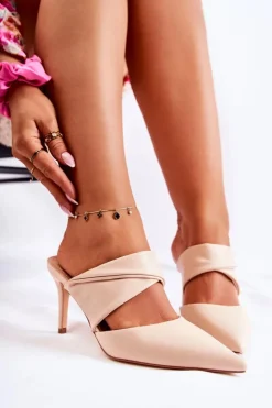 Hot Boto Skórzane Klapki Na Szpilce Beżowe Aveline