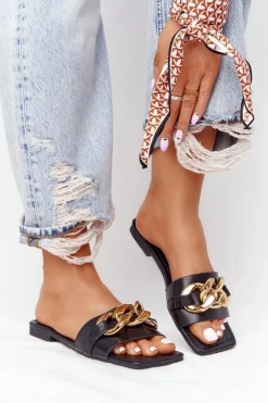 Damskie Boto Skórzane Klapki Z Łańcuchem Czarne French Kiss