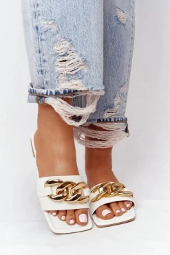 Boto Klapki Damskie Klasyczne*Skórzane Klapki Z Łańcuchem Białe French Kiss