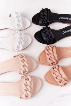 Damskie Boto Skórzane Klapki Z Łańcuchem Beżowe Step By Step