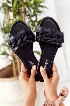 Clearance Boto Skórzane Klapki Z Łańcuchem Czarne Step By Step