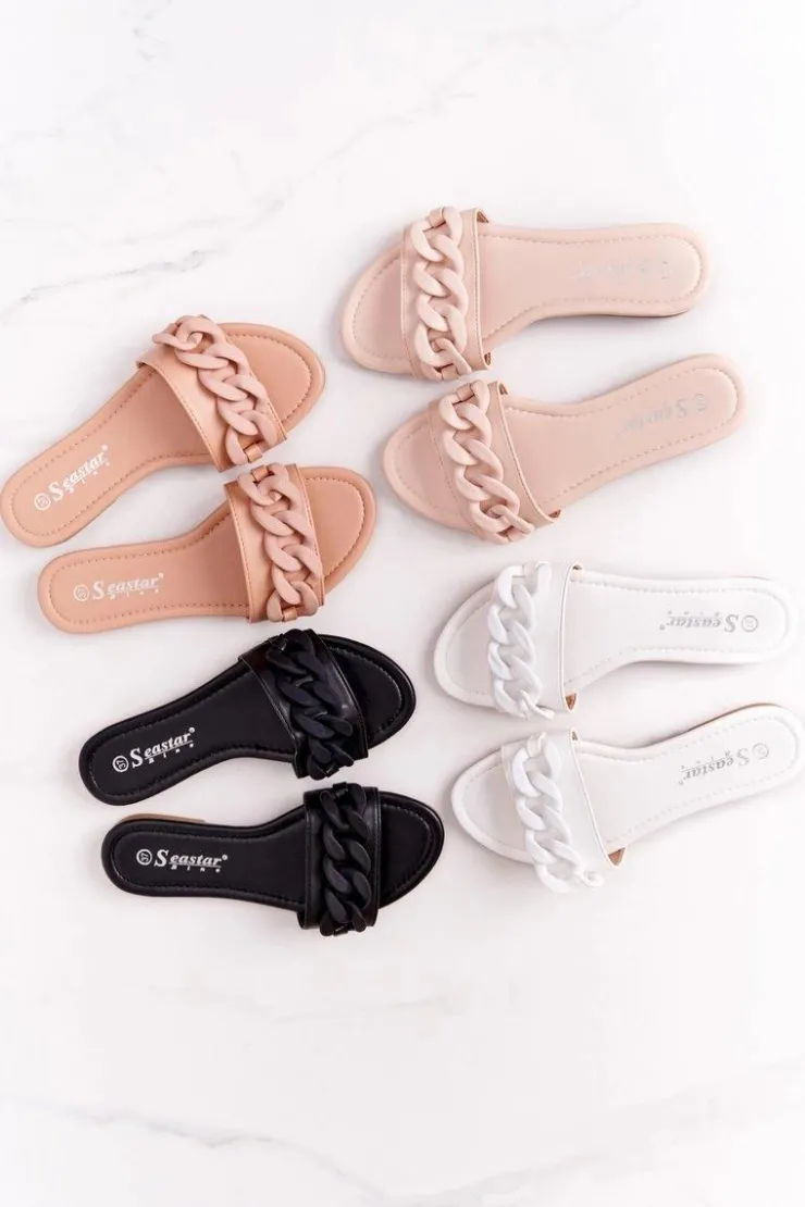 Clearance Boto Skórzane Klapki Z Łańcuchem Czarne Step By Step