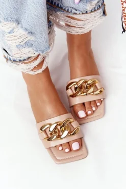 Outlet Boto Skórzane Klapki Z Łańcuchem Nude French Kiss