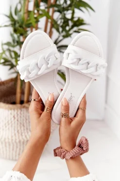 Damskie Boto Skórzane Klapki Z Łańcuchem Białe Step By Step