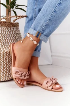 Boto Klapki Damskie Klasyczne*Skórzane Klapki Z Łańcuchem Camel Step By Step