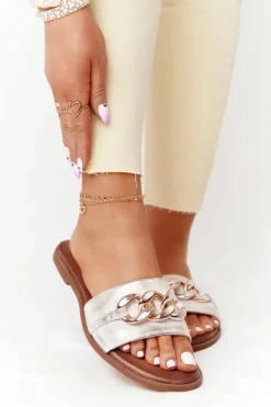 Damskie Boto Skórzane Klapki Z Łańcuszkiem Nicole 2652 Białe Metaliczne