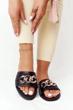 New Boto Skórzane Klapki Z Łańcuszkiem Nicole 2652 Czarne