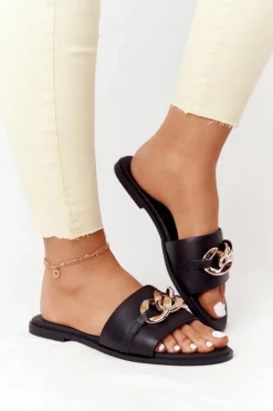 New Boto Skórzane Klapki Z Łańcuszkiem Nicole 2652 Czarne