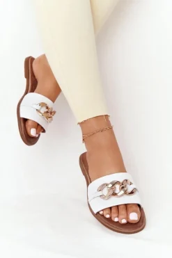 Boto Klapki Damskie Klasyczne*Skórzane Klapki Z Łańcuszkiem Nicole 2652 Białe