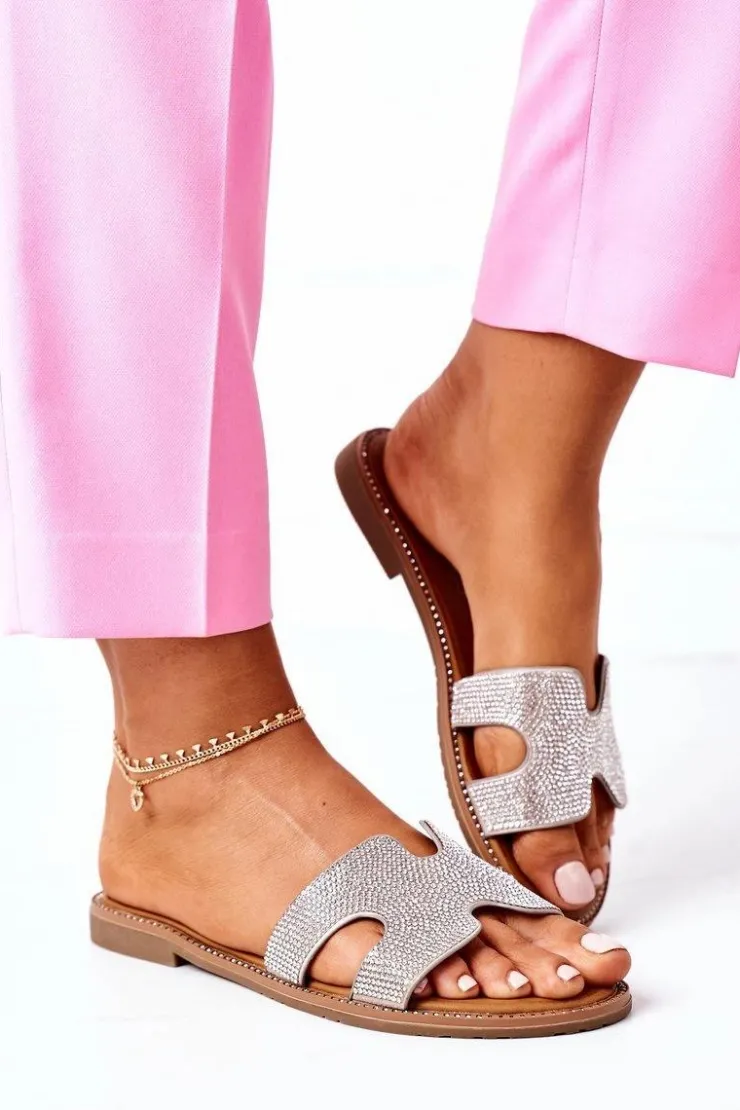 Damskie Evento Skórzane Klapki Z Cyrkoniami Srebrne Modena