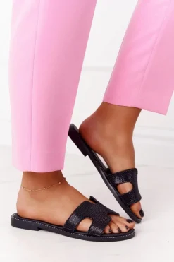 Evento Klapki Damskie Klasyczne*Skórzane Klapki Z Cyrkoniami Czarne Modena