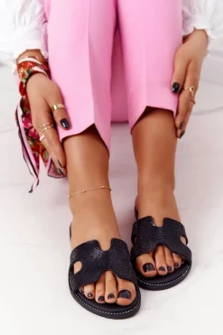 Evento Klapki Damskie Klasyczne*Skórzane Klapki Z Cyrkoniami Czarne Modena