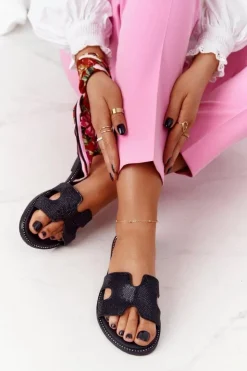 Evento Klapki Damskie Klasyczne*Skórzane Klapki Z Cyrkoniami Czarne Modena