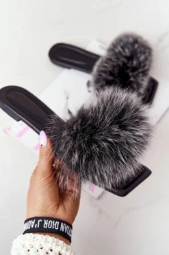 Damskie Boto Skórzane Klapki Z Futerkiem Czarno-Białe Love You So