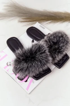 Damskie Boto Skórzane Klapki Z Futerkiem Czarno-Białe Love You So