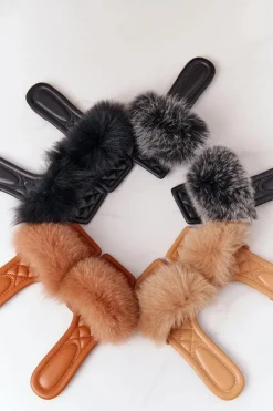 Damskie Boto Skórzane Klapki Z Futerkiem Czarno-Białe Love You So