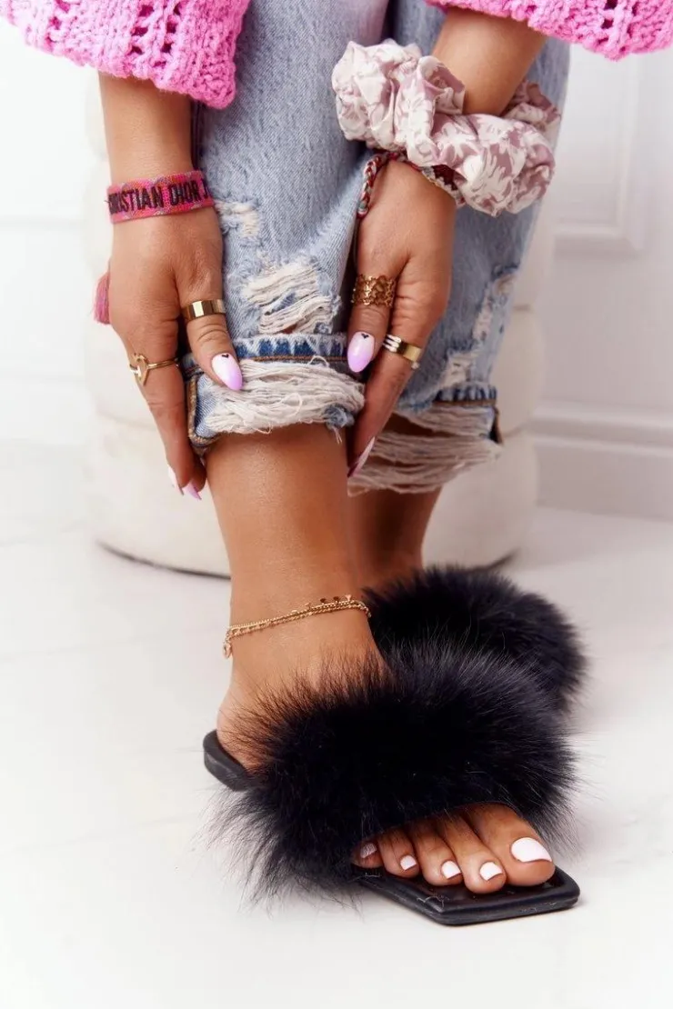 Boto Klapki Z Futerkiem|Klapki Damskie Klasyczne*Skórzane Klapki Z Futerkiem Czarne Love You So