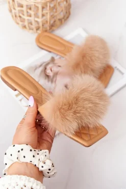 Boto Klapki Z Futerkiem|Klapki Damskie Klasyczne*Skórzane Klapki Z Futerkiem Beżowe Love You So