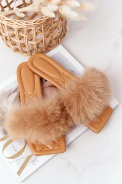 Boto Klapki Z Futerkiem|Klapki Damskie Klasyczne*Skórzane Klapki Z Futerkiem Beżowe Love You So