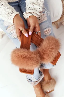 New Boto Skórzane Klapki Z Futerkiem Camel Love You So