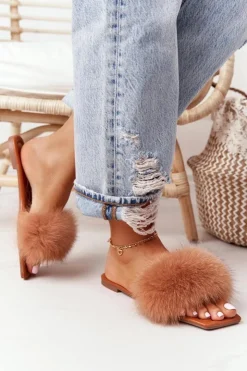 New Boto Skórzane Klapki Z Futerkiem Camel Love You So