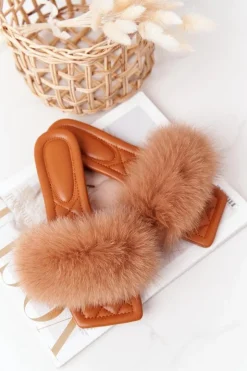 New Boto Skórzane Klapki Z Futerkiem Camel Love You So