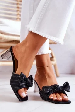 Damskie Boto Skórzane Klapki Z Kokardą Czarne Rosalee