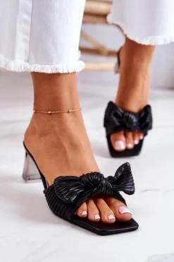 Damskie Boto Skórzane Klapki Z Kokardą Czarne Rosalee