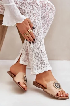 Boto Klapki Damskie Klasyczne*Skórzane Klapki Z Ozdobą Na Płaskim Obcasie Lewski 3047/O Beżowe Brązowy