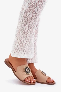 Boto Klapki Damskie Klasyczne*Skórzane Klapki Z Ozdobą Na Płaskim Obcasie Lewski 3047/O Beżowe Brązowy