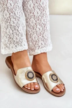 Damskie Boto Skórzane Klapki Z Ozdobą Na Płaskim Obcasie Zazoo 3047/O Złote