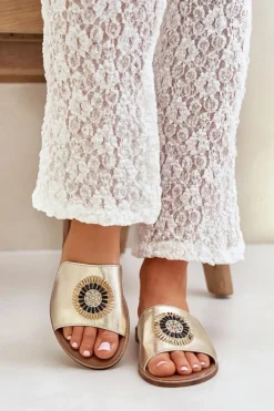 Damskie Boto Skórzane Klapki Z Ozdobą Na Płaskim Obcasie Zazoo 3047/O Złote