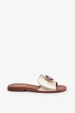 Damskie Boto Skórzane Klapki Z Ozdobą Na Płaskim Obcasie Zazoo 3047/O Złote