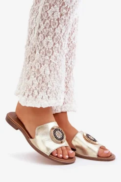 Damskie Boto Skórzane Klapki Z Ozdobą Na Płaskim Obcasie Zazoo 3047/O Złote