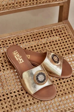 Damskie Boto Skórzane Klapki Z Ozdobą Na Płaskim Obcasie Zazoo 3047/O Złote