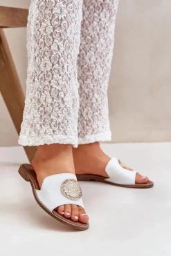 Boto Klapki Damskie Klasyczne*Skórzane Klapki Z Ozdobą Na Płaskim Obcasie Zazoo 3047/O Białe Biały