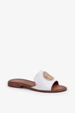 Boto Klapki Damskie Klasyczne*Skórzane Klapki Z Ozdobą Na Płaskim Obcasie Zazoo 3047/O Białe Biały