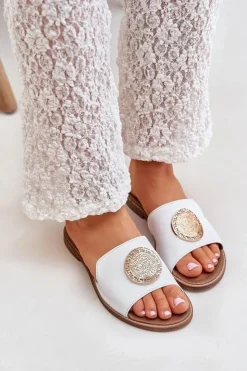 Boto Klapki Damskie Klasyczne*Skórzane Klapki Z Ozdobą Na Płaskim Obcasie Zazoo 3047/O Białe Biały