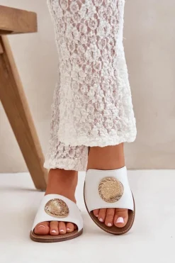 Boto Klapki Damskie Klasyczne*Skórzane Klapki Z Ozdobą Na Płaskim Obcasie Zazoo 3047/O Białe Biały