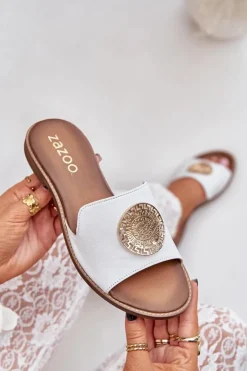 Boto Klapki Damskie Klasyczne*Skórzane Klapki Z Ozdobą Na Płaskim Obcasie Zazoo 3047/O Białe Biały