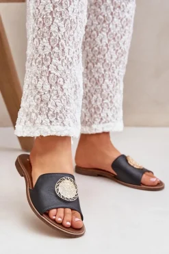 Damskie Boto Skórzane Klapki Z Ozdobą Na Płaskim Obcasie Zazoo 3047/O Czarne