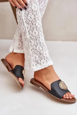 Damskie Boto Skórzane Klapki Z Ozdobą Na Płaskim Obcasie Zazoo 3047/O Czarne