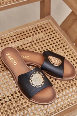 Damskie Boto Skórzane Klapki Z Ozdobą Na Płaskim Obcasie Zazoo 3047/O Czarne