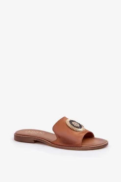 Clearance Boto Skórzane Klapki Z Ozdobą Na Płaskim Obcasie Lewski 3047/O Camel Brązowy
