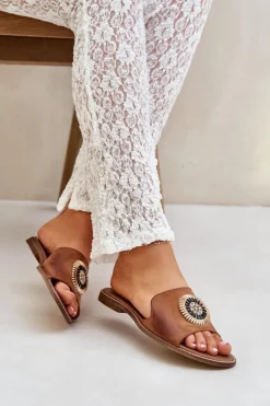 Clearance Boto Skórzane Klapki Z Ozdobą Na Płaskim Obcasie Lewski 3047/O Camel Brązowy