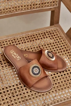 Clearance Boto Skórzane Klapki Z Ozdobą Na Płaskim Obcasie Lewski 3047/O Camel Brązowy