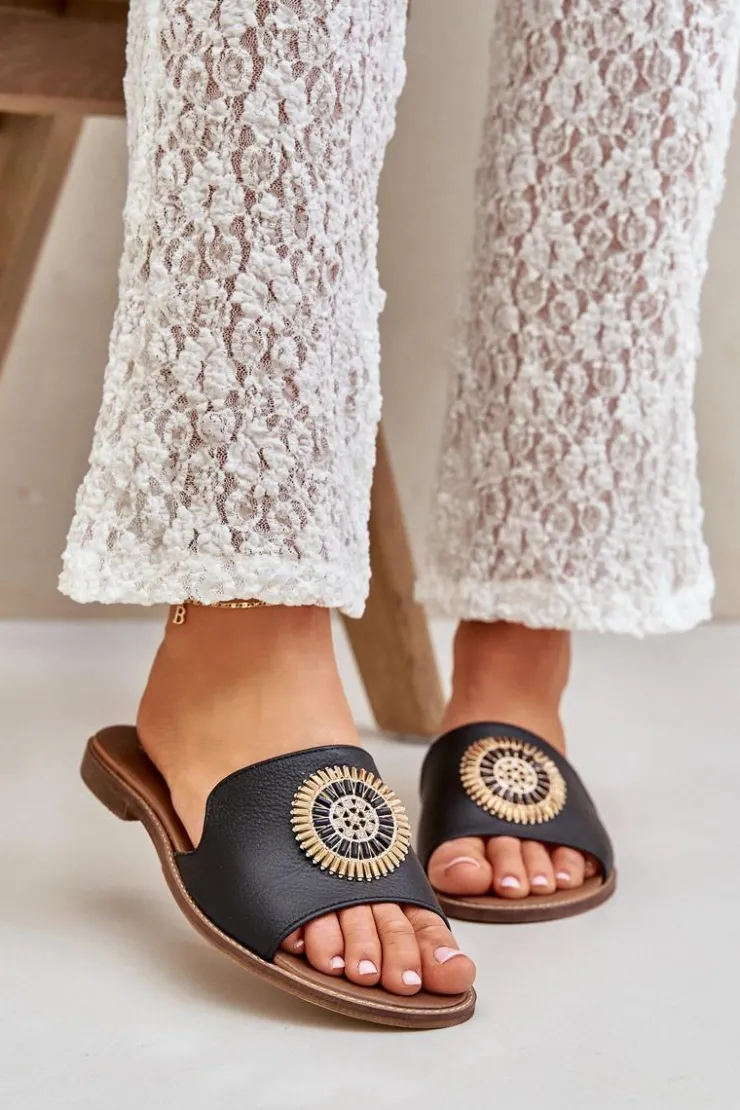 Online Boto Skórzane Klapki Z Ozdobą Na Płaskim Obcasie Zazoo 3047/O Czarne Czarny