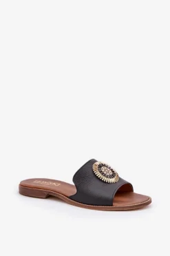 Online Boto Skórzane Klapki Z Ozdobą Na Płaskim Obcasie Zazoo 3047/O Czarne Czarny