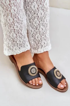 Online Boto Skórzane Klapki Z Ozdobą Na Płaskim Obcasie Zazoo 3047/O Czarne Czarny