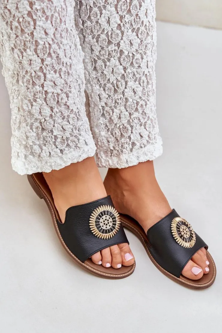 Online Boto Skórzane Klapki Z Ozdobą Na Płaskim Obcasie Zazoo 3047/O Czarne Czarny